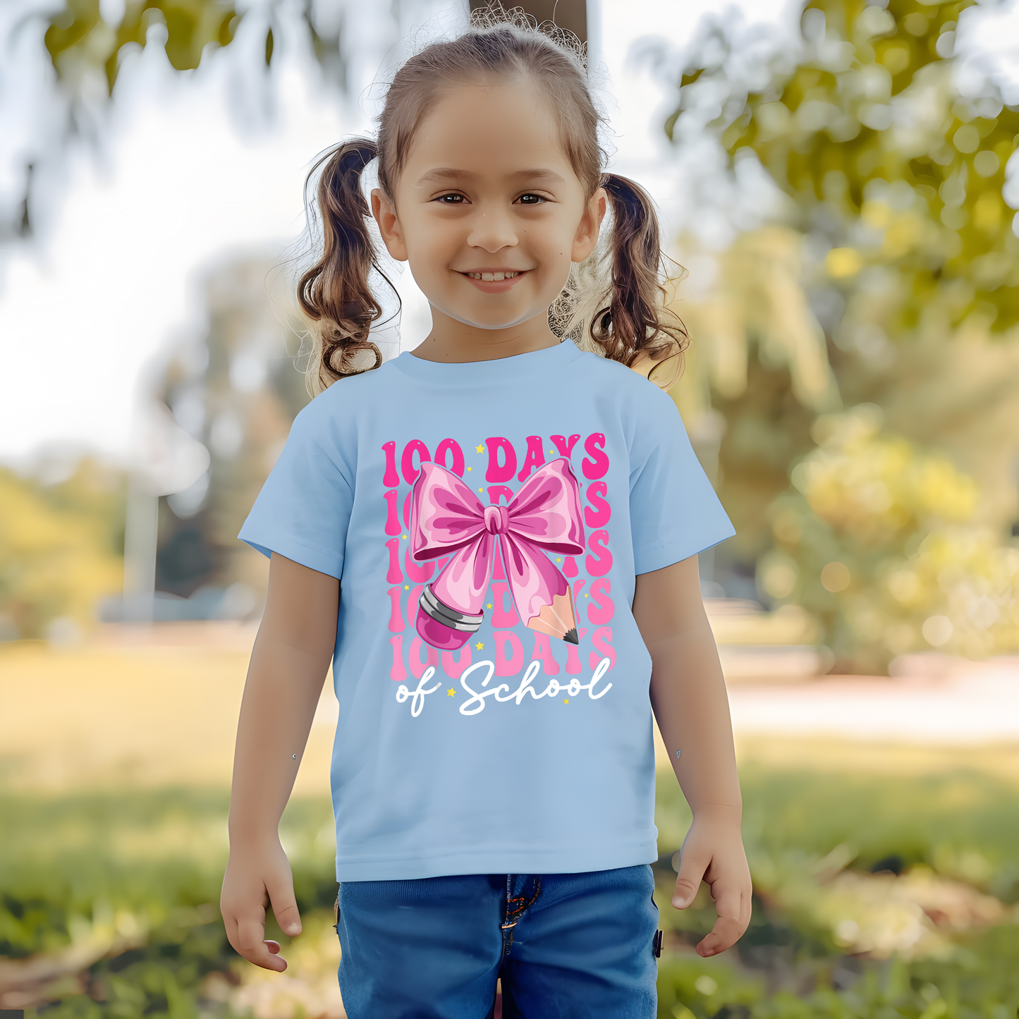100 days of school repeating with pink pencil bow shirt