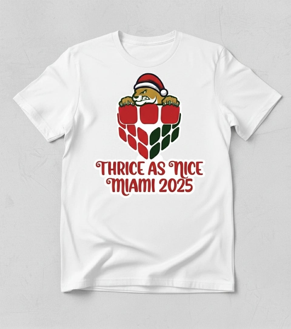 Thrice as Nice Miami Cubing Cubers full front design Tee