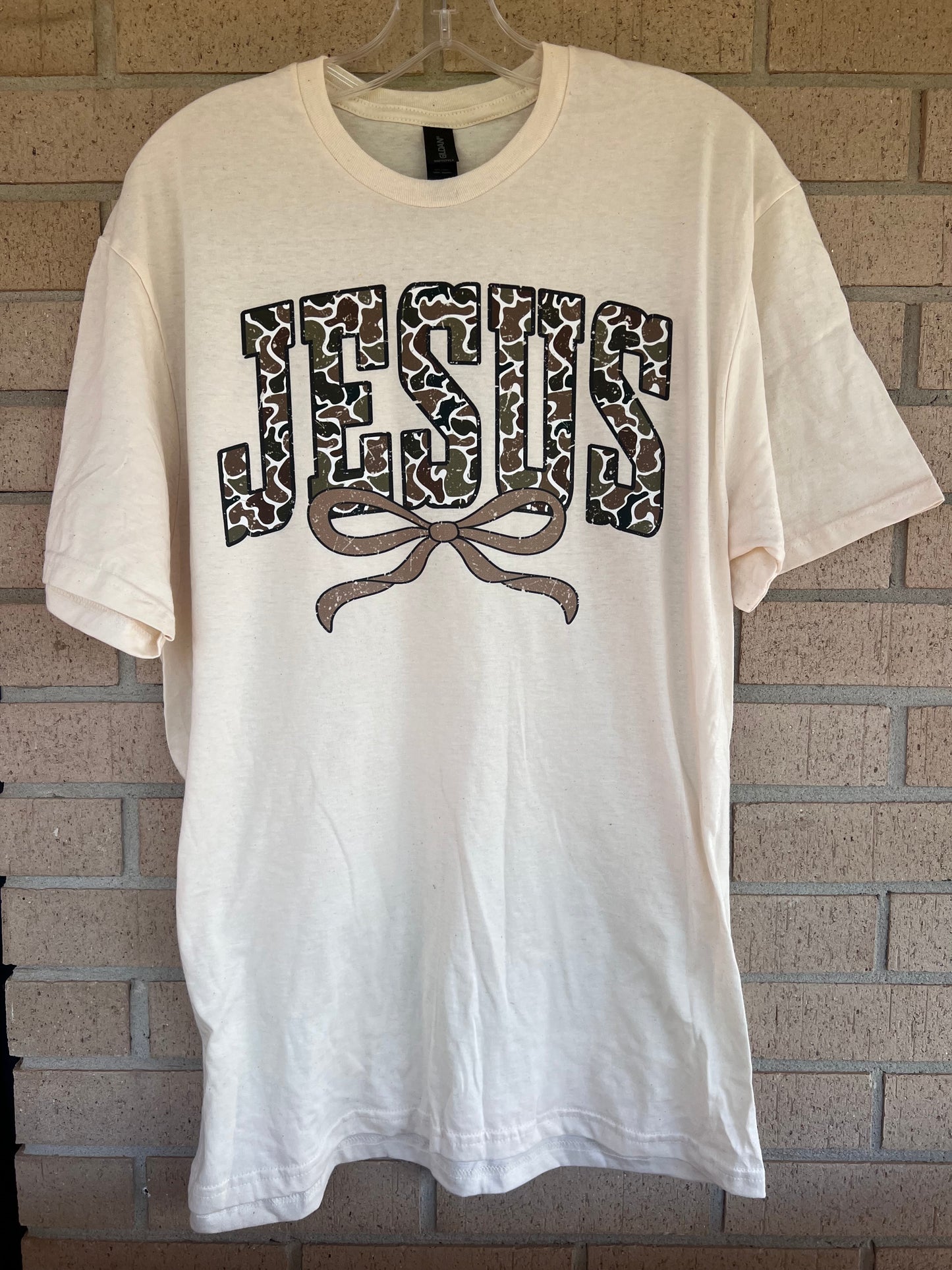 Camo Jesus with coquette bow tshirt