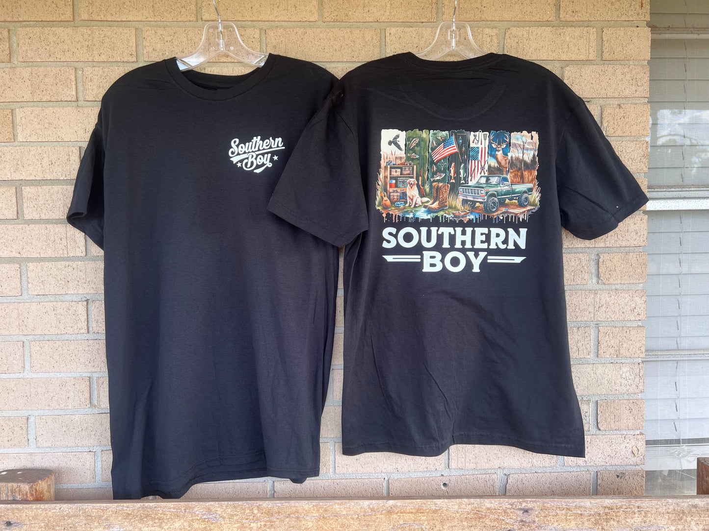 Southern boy tee all things southern a dog, truck, bass, american flag, and a deer