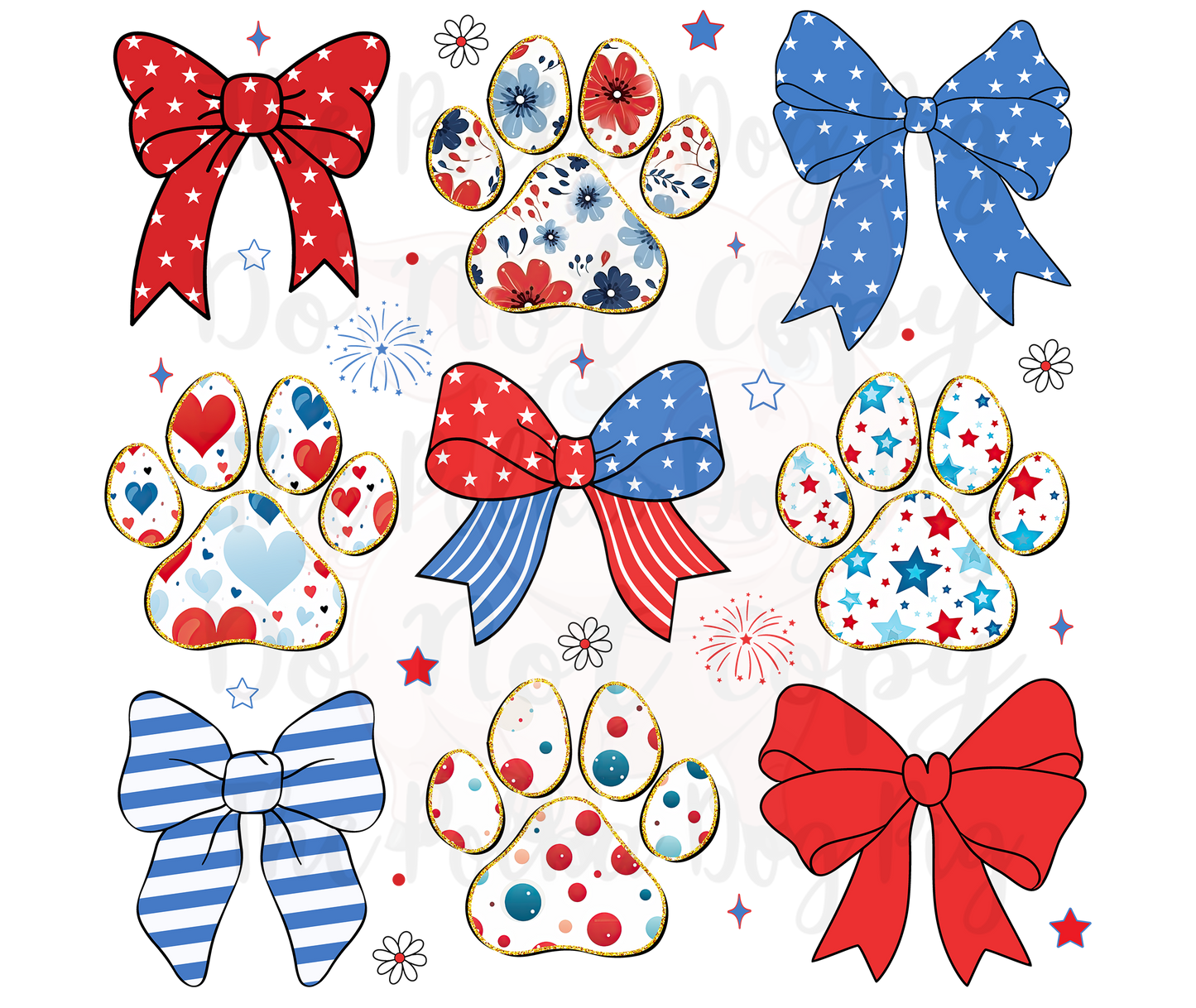 Paws and Bows red white and blue transfers ONLY