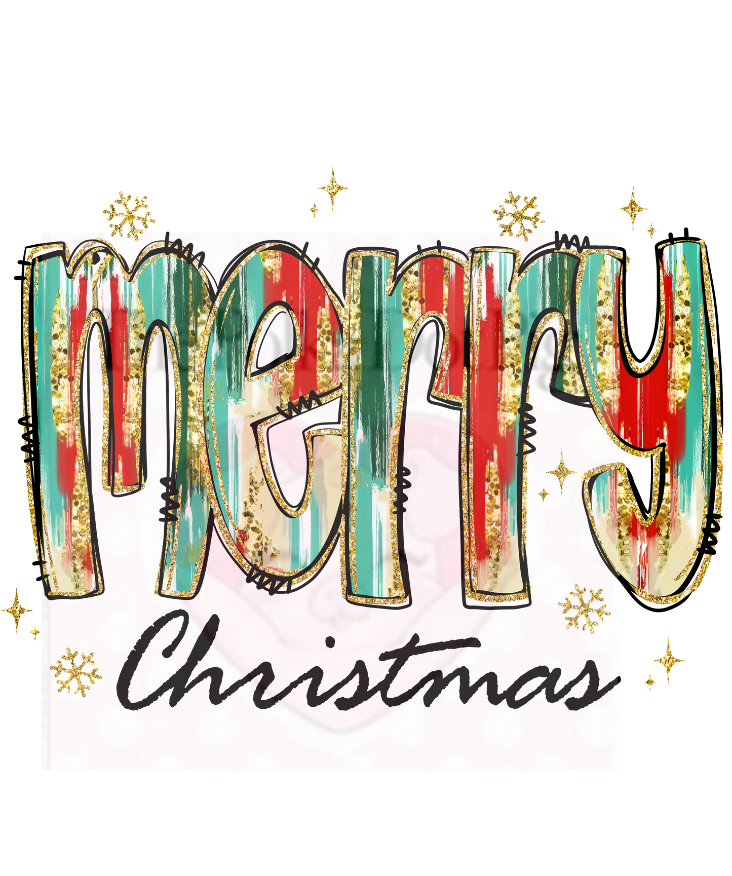 Colorful Painted Merry Christmas with gold snowflakes and glitter print only