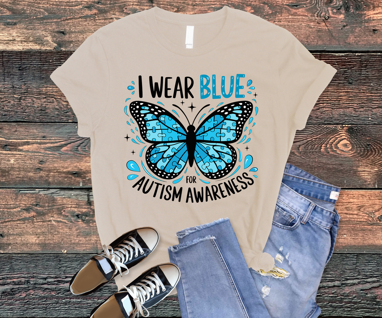 I wear blue for autism awareness with butterfly tee