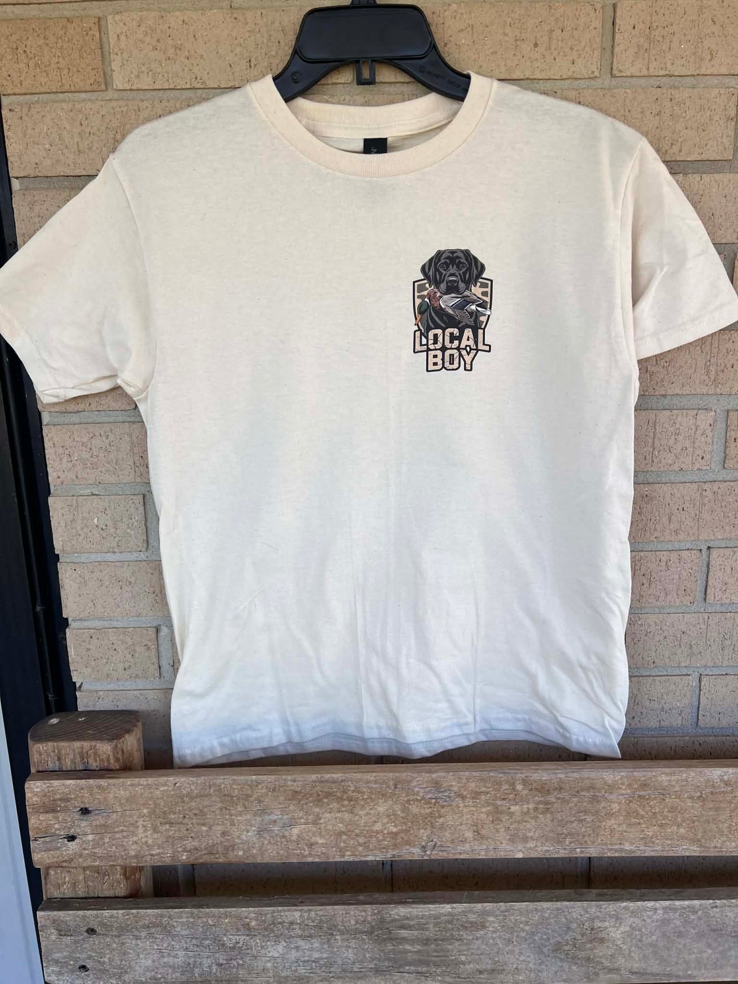 Black lab with duck camo background local boy tee