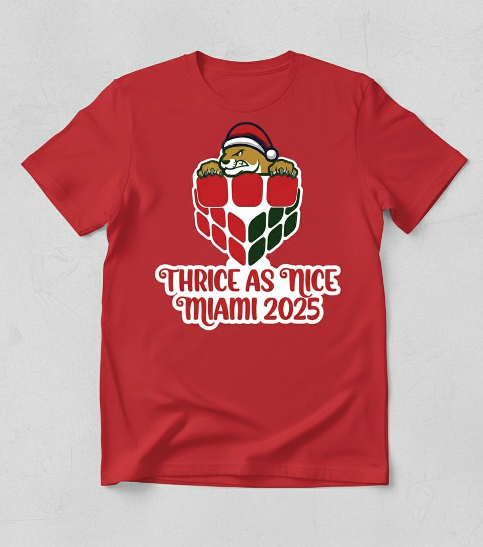 Thrice as Nice Miami Cubing Cubers full front design Tee