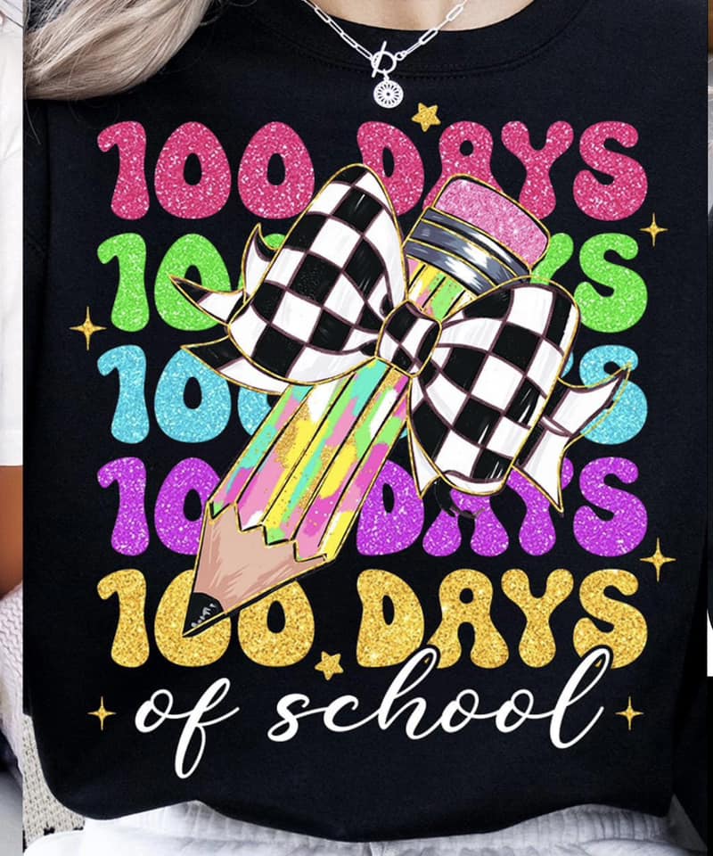 faux glitter letter 100 days of school checkered bow on pencil tee
