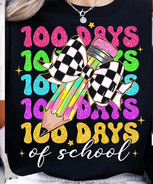 faux glitter letter 100 days of school checkered bow on pencil tee
