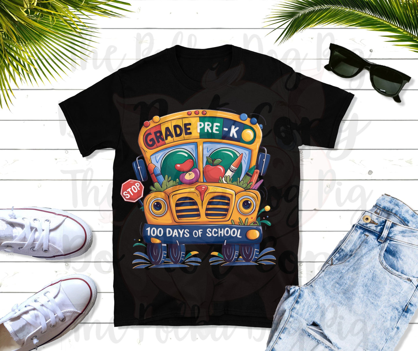 100 days of school grade pre-k school bus tee