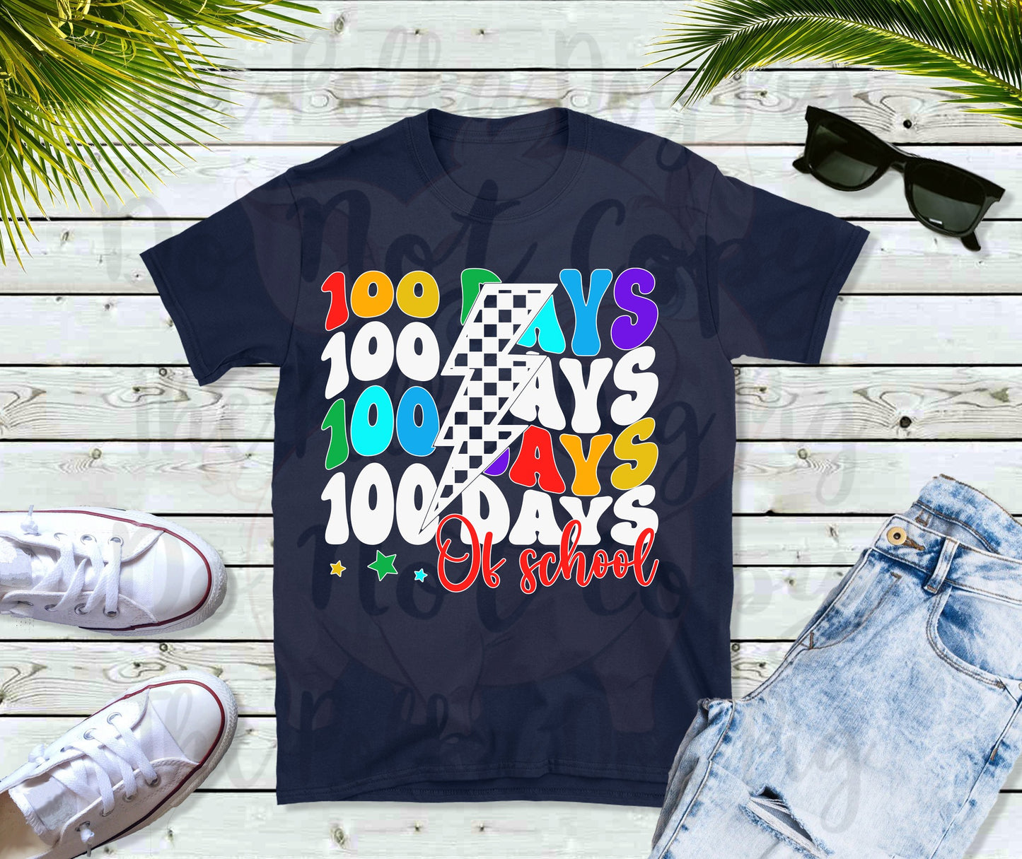100 days of school repeating with checkered lightning bolt tee