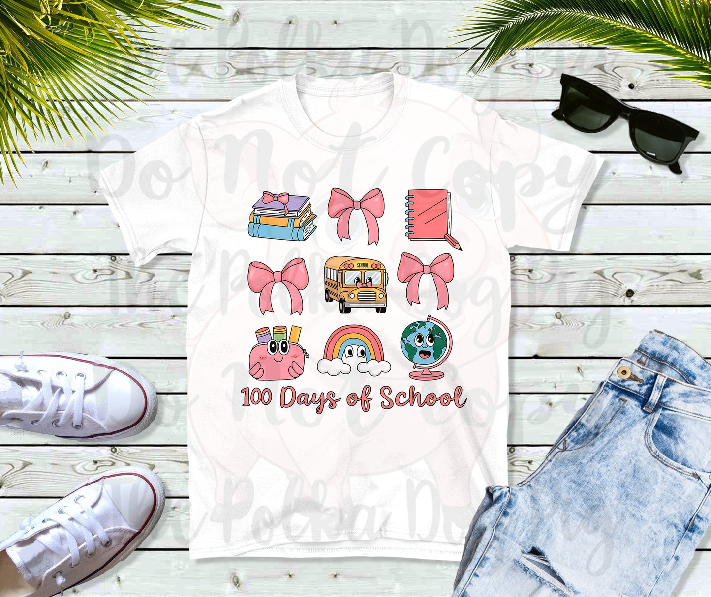 9 image 100 days of school with school bus, globe, books, and bows tee
