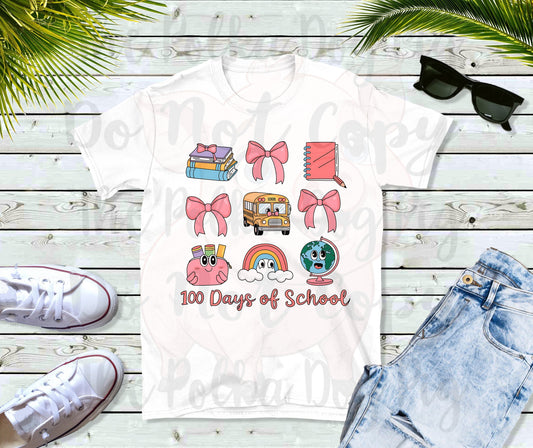 9 image 100 days of school with school bus, globe, books, and bows tee