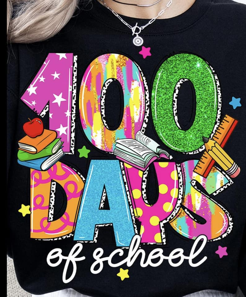 100 days of school stars, dalmatian print, and books tee