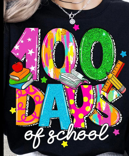 100 days of school stars, dalmatian print, and books tee
