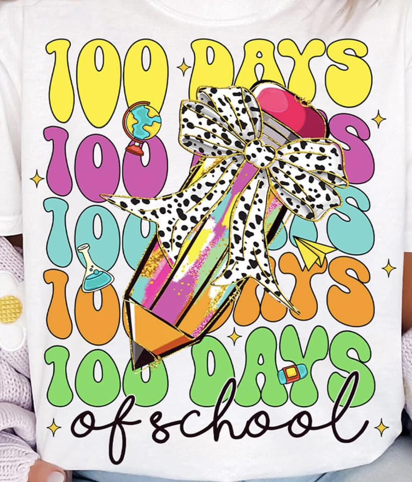 groovy 100 days of school with colorful pencil with a dalmatian print bow tee