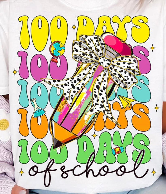 groovy 100 days of school with colorful pencil with a dalmatian print bow tee