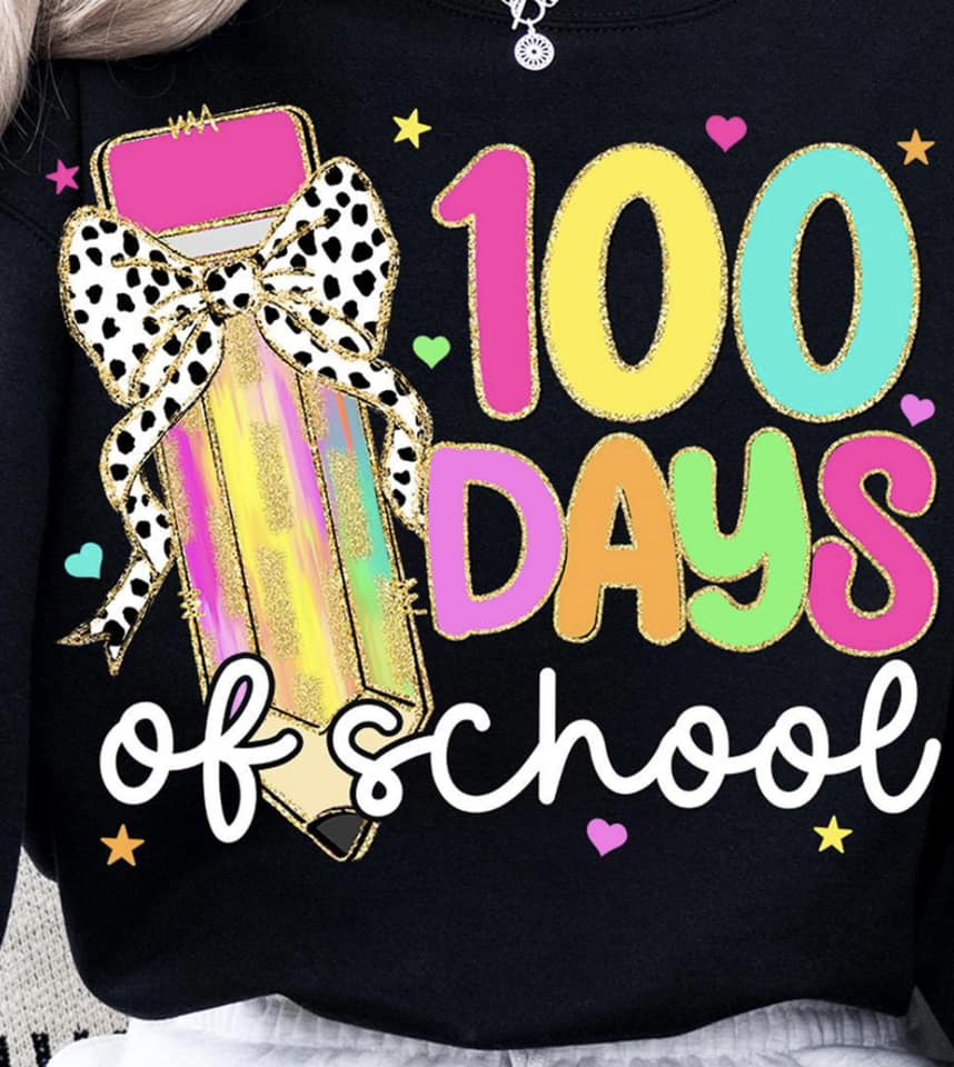 100 days of school with glitzy pencil with dalmatian print bow tee