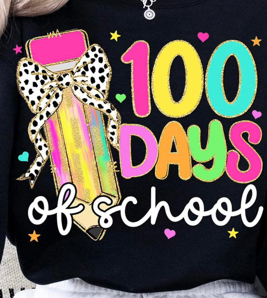 100 days of school with glitzy pencil with dalmatian print bow tee