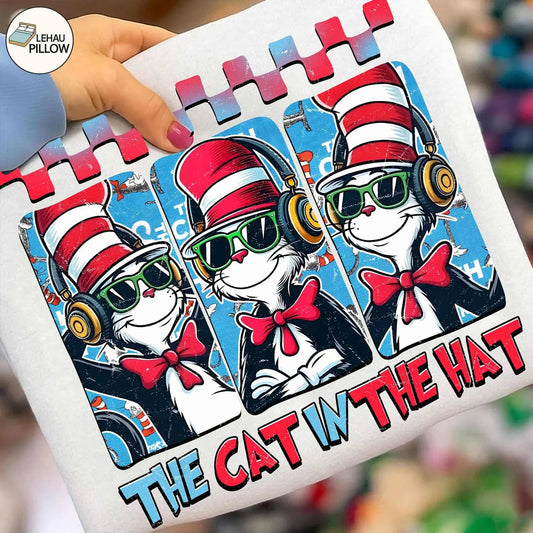 3 image cat in the hat with headphones tee