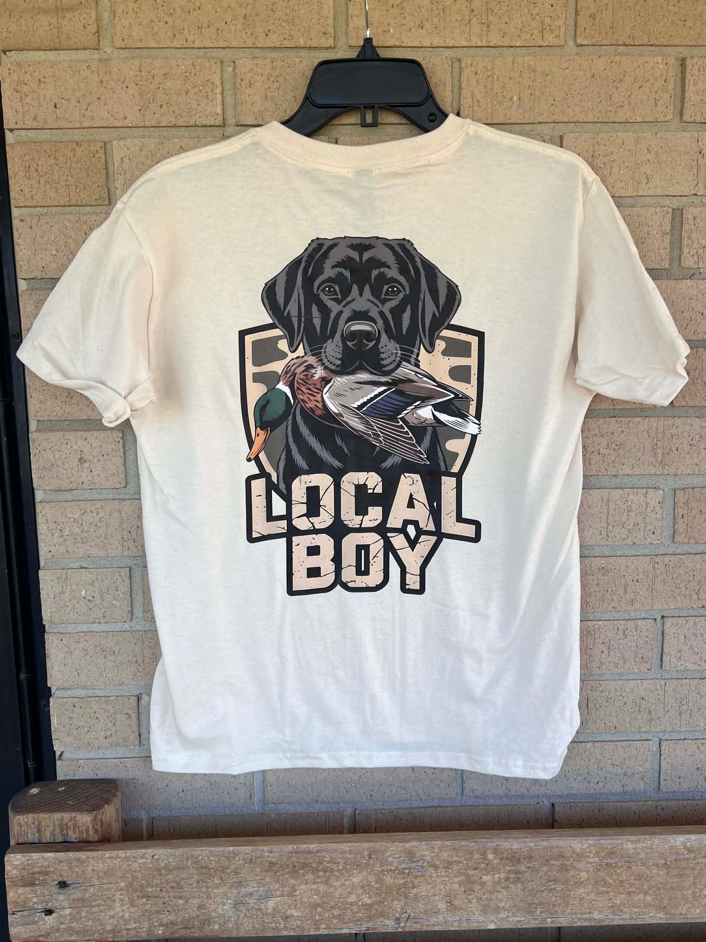 Black lab with duck camo background local boy tee
