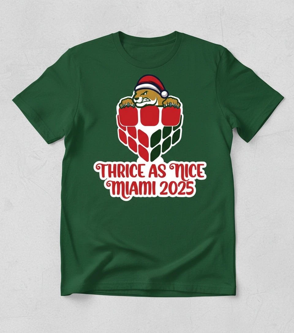 Thrice as Nice Miami Cubing Cubers full front design Tee