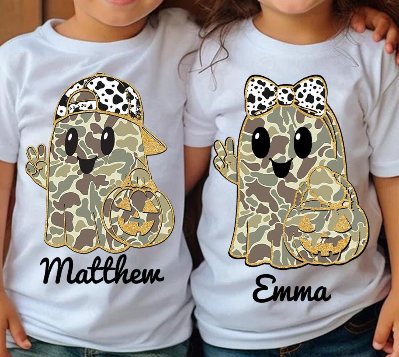 Personalized Camo ghost with cow print bow or hat tshirt
