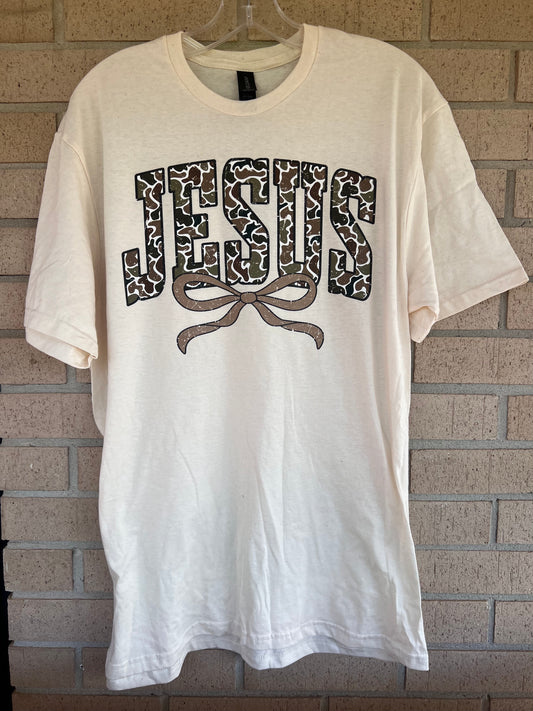 Camo Jesus with coquette bow tshirt