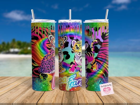 Colorful leopard and cat drip glitter Lisa Frank Tumbler