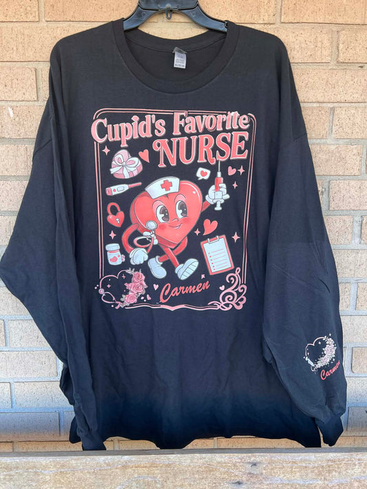 Cupids favorite nurse with personalized name on front and sleeve tee