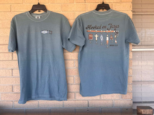 hooked on Jesus Mark 1:17 with fishing lures tee
