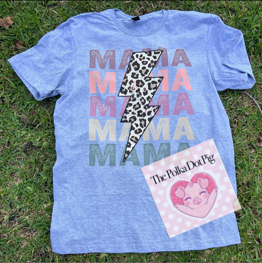 Mama repeating with leopard lightning bolt tee