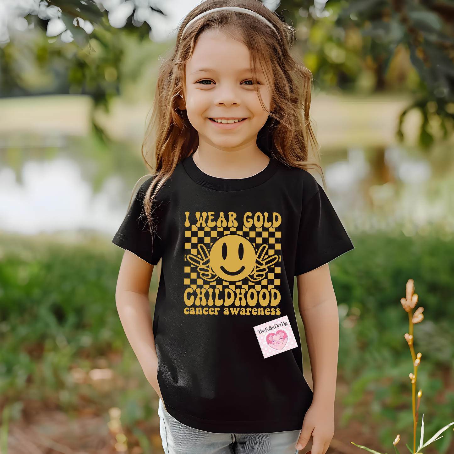 I Wear Gold For Childhood Cancer Awareness with smiley face shirt