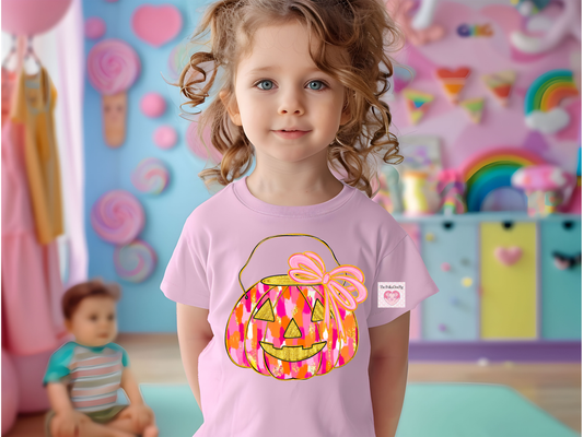 Preppy Pink and Gold messy paint Pumpkin Kids Halloween Tee