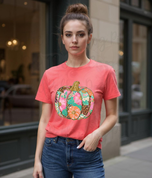 Pumpkin glitter leopard floral autumn fall tshirt