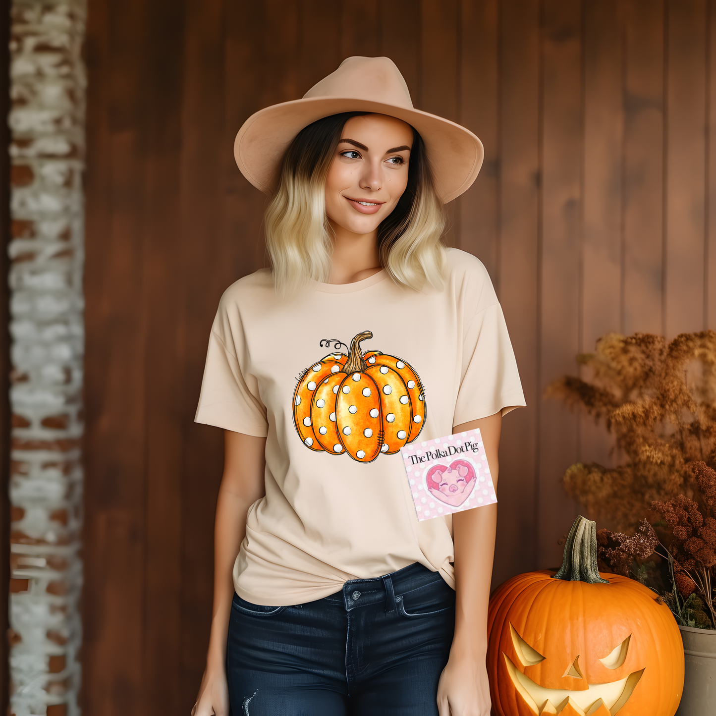 Orange pumpkin with white polka dots shirt