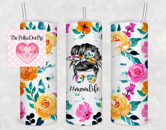 Floral messy bun mom life tumbler